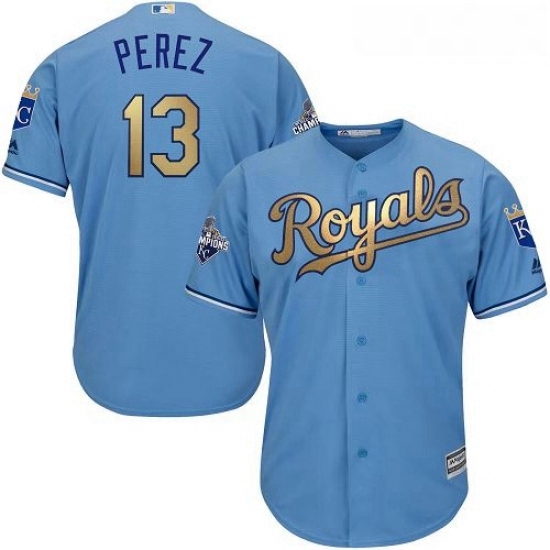 Youth Majestic Kansas City Royals 13 Salvador Perez Authentic Light Blue 2015 World Series Champions Gold Program Cool Base MLB Jersey Youth Majestic Kansas City Royals 13 Salvador Perez Authentic Light Blue 2015 World Series Champions Gold Program Cool Base MLB Jersey