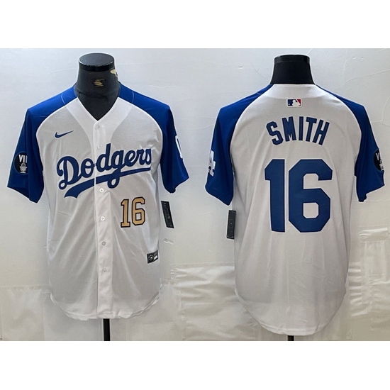 Men Los Angeles Dodgers 16 Will Smith White Blue Vin Patch Cool Base Stitched Baseball Jersey 7 Men Los Angeles Dodgers 16 Will Smith White Blue Vin Patch Cool Base Stitched Baseball Jersey 7