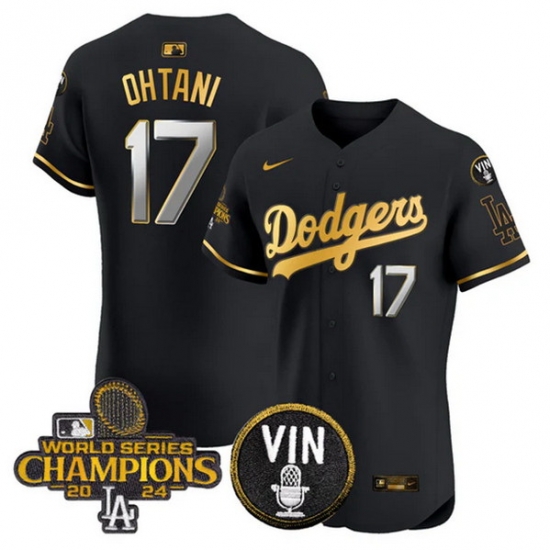 Men Los Angeles Dodgers 17 Shohei Ohtani Black Gold 2024 World Series Champions With Vin Patch Vapor Limited Stitched Baseball Jersey Men Los Angeles Dodgers 17 Shohei Ohtani Black Gold 2024 World Series Champions With Vin Patch Vapor Limited Stitched Baseball Jersey
