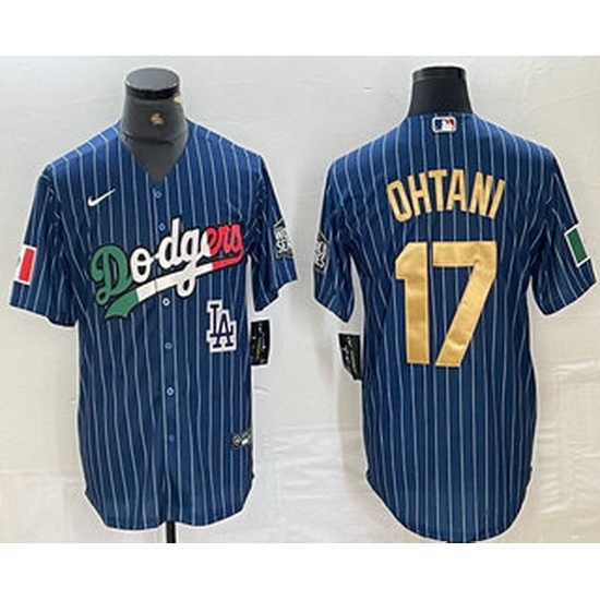 Men Los Angeles Dodgers 17 Shohei Ohtani Mexico Blue Gold Pinstripe Cool Base Stitched Jerseys Men Los Angeles Dodgers 17 Shohei Ohtani Mexico Blue Gold Pinstripe Cool Base Stitched Jerseys