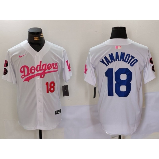 Men Los Angeles Dodgers 18 Yoshinobu Yamamoto White Pink Vin 26 Kobe Patch Stitched Baseball Jerseys Men Los Angeles Dodgers 18 Yoshinobu Yamamoto White Pink Vin 26 Kobe Patch Stitched Baseball Jerseys