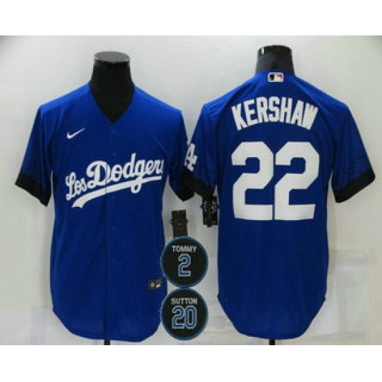 Men Los Angeles Dodgers 22 Clayton Kershaw Blue 2 20 Patch City Connect Cool Base Stitched Jersey Men Los Angeles Dodgers 22 Clayton Kershaw Blue 2 20 Patch City Connect Cool Base Stitched Jersey