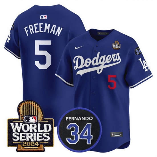 Men Los Angeles Dodgers 5 Freddie Freeman Royal 2024 World Series With Fernando Memorial Patch Limited Stitched Baseball Jersey Men Los Angeles Dodgers 5 Freddie Freeman Royal 2024 World Series With Fernando Memorial Patch Limited Stitched Baseball Jersey