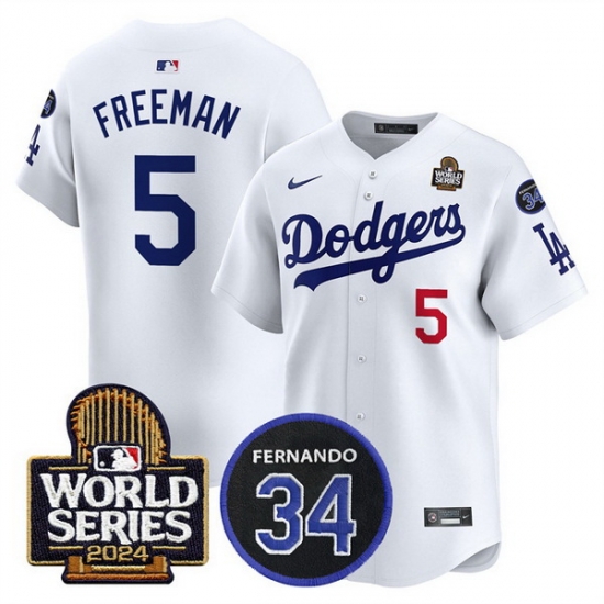 Men Los Angeles Dodgers 5 Freddie Freeman White 2024 World Series With Fernando Memorial Patch Limited Stitched Baseball Jersey Men Los Angeles Dodgers 5 Freddie Freeman White 2024 World Series With Fernando Memorial Patch Limited Stitched Baseball Jersey