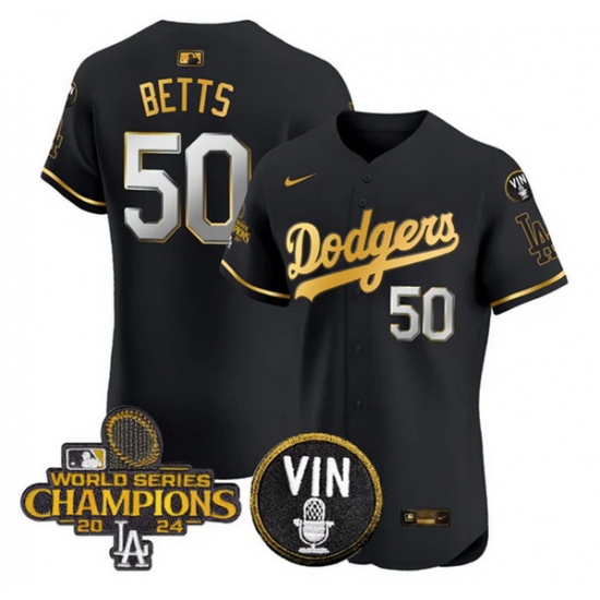 Men Los Angeles Dodgers 50 Mookie Betts Black Gold 2024 World Series Champions With Vin Patch Vapor Limited Stitched Baseball Jersey Men Los Angeles Dodgers 50 Mookie Betts Black Gold 2024 World Series Champions With Vin Patch Vapor Limited Stitched Baseball Jersey