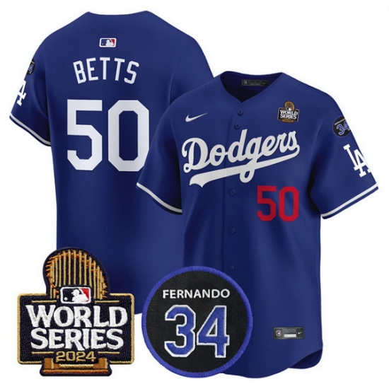 Men Los Angeles Dodgers 50 Mookie Betts Royal 2024 World Series With Fernando Memorial Patch Limited Stitched Baseball Jersey Men Los Angeles Dodgers 50 Mookie Betts Royal 2024 World Series With Fernando Memorial Patch Limited Stitched Baseball Jersey