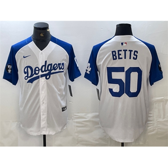 Men Los Angeles Dodgers 50 Mookie Betts White Blue Vin Patch Cool Base Stitched Baseball Jersey Men Los Angeles Dodgers 50 Mookie Betts White Blue Vin Patch Cool Base Stitched Baseball Jersey