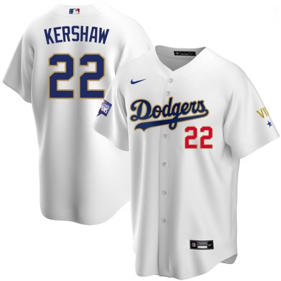 Men Los Angeles Dodgers Clayton Kershaw 22 Championship Gold Trim White Limited All Stitched Flex Base Jersey Men Los Angeles Dodgers Clayton Kershaw 22 Championship Gold Trim White Limited All Stitched Flex Base Jersey