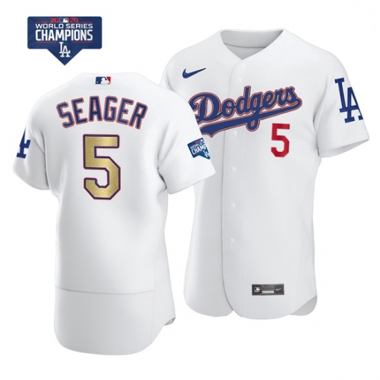 Men Los Angeles Dodgers Corey Seager 5 Gold Program Designed Edition White Flex Base Stitched Jersey Men Los Angeles Dodgers Corey Seager 5 Gold Program Designed Edition White Flex Base Stitched Jersey
