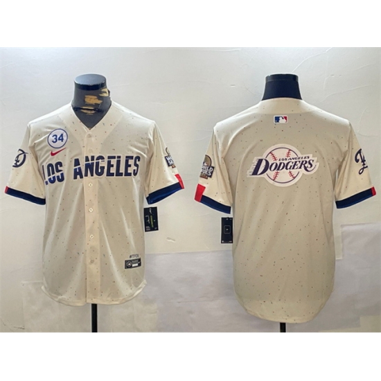 Men Los Angeles Dodgers Team Big Logo Cream 2024 World Series With No 34 Patch Limited Stitched Baseball Jersey 2 Men Los Angeles Dodgers Team Big Logo Cream 2024 World Series With No 34 Patch Limited Stitched Baseball Jersey 2