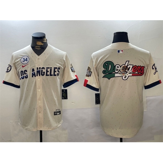 Men Los Angeles Dodgers Team Big Logo Cream 2024 World Series With No 34 Patch Limited Stitched Baseball Jersey Men Los Angeles Dodgers Team Big Logo Cream 2024 World Series With No 34 Patch Limited Stitched Baseball Jersey