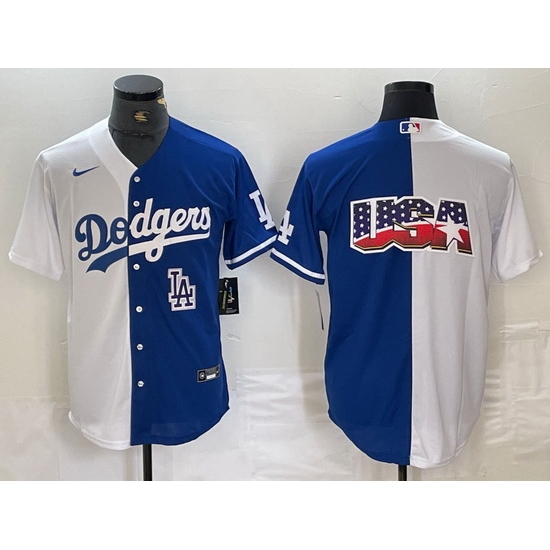 Men Los Angeles Dodgers Team Big Logo White Blue Split Cool Base Stitched Baseball Jersey 7