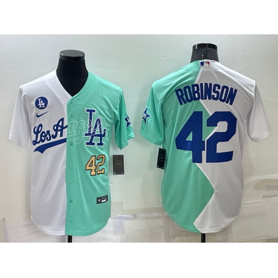 Men Nike Los Angeles Dodgers 42 Jackie Robinson 2022 All Star White Green Cool Base Stitched Baseball Jerseys Men Nike Los Angeles Dodgers 42 Jackie Robinson 2022 All Star White Green Cool Base Stitched Baseball Jerseys