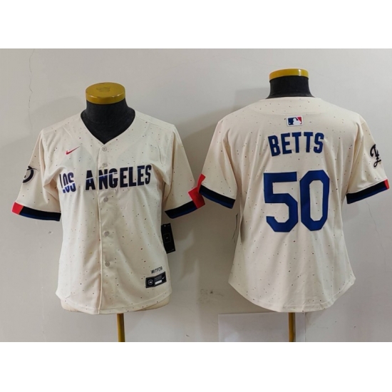 Women Los Angeles Dodgers 50 Mookie Betts Cream Stitched Jersey 6 Women Los Angeles Dodgers 50 Mookie Betts Cream Stitched Jersey 6