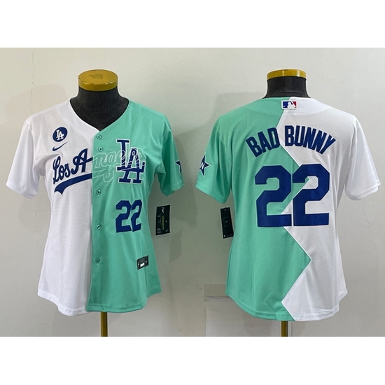 Youth Los Angeles Dodgers 22 Bad Bunny 2022 All Star White Green Split Stitched Jersey Youth Los Angeles Dodgers 22 Bad Bunny 2022 All Star White Green Split Stitched Jersey