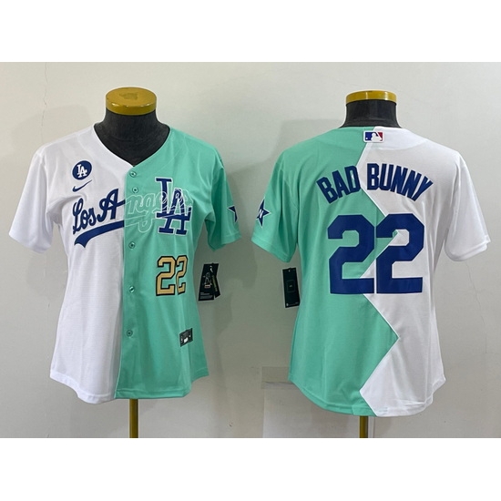 Youth Los Angeles Dodgers 22 Bad Bunny 2022 All Star White Green Split Stitched Jerseys 2 Youth Los Angeles Dodgers 22 Bad Bunny 2022 All Star White Green Split Stitched Jerseys 2