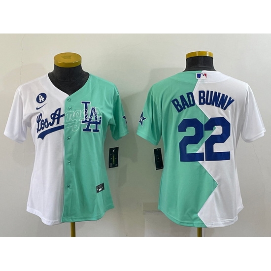 Youth Los Angeles Dodgers 22 Bad Bunny 2022 All Star White Green Split Stitched Jerseys Youth Los Angeles Dodgers 22 Bad Bunny 2022 All Star White Green Split Stitched Jerseys