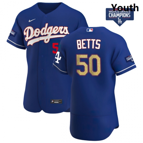 Youth Los Angeles Dodgers Mookie Betts 50 Gold Program Designed Edition Blue Flex Base Stitched Jersey Youth Los Angeles Dodgers Mookie Betts 50 Gold Program Designed Edition Blue Flex Base Stitched Jersey