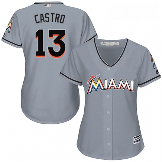 Womens Majestic Miami Marlins 13 Starlin Castro Replica Grey Road Cool Base MLB Jersey Womens Majestic Miami Marlins 13 Starlin Castro Replica Grey Road Cool Base MLB Jersey