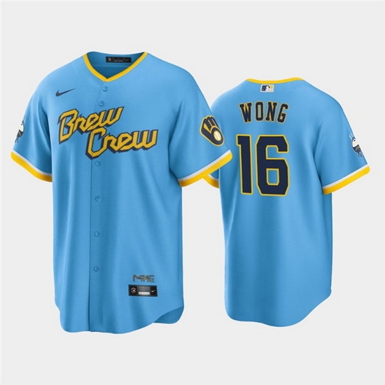 Men Milwaukee Brewers 16 Kolten Wong 2022 Powder Blue City Connect Cool Base Stitched Jersey Men Milwaukee Brewers 16 Kolten Wong 2022 Powder Blue City Connect Cool Base Stitched Jersey