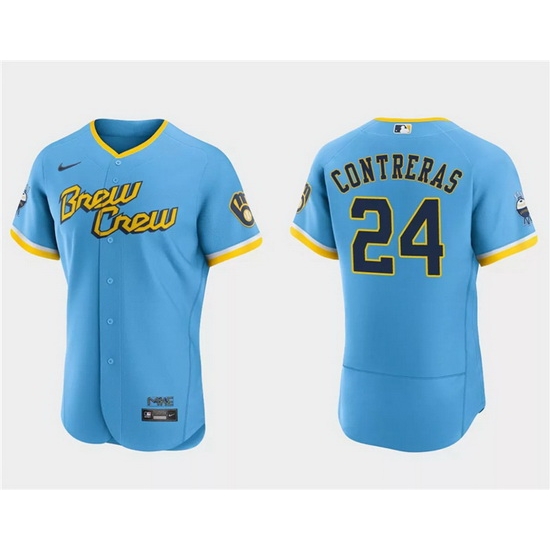 Men Milwaukee Brewers 24 William Contreras Powder Blue 2022 City Connect Flex Base Stitched Baseball Jersey Men Milwaukee Brewers 24 William Contreras Powder Blue 2022 City Connect Flex Base Stitched Baseball Jersey