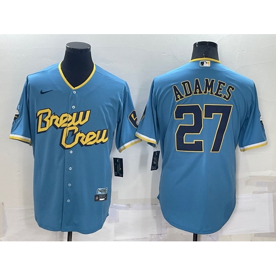 Men Milwaukee Brewers 27 Willy Adames 2022 Powder Blue City Connect Cool Base Stitched Jersey Men Milwaukee Brewers 27 Willy Adames 2022 Powder Blue City Connect Cool Base Stitched Jersey
