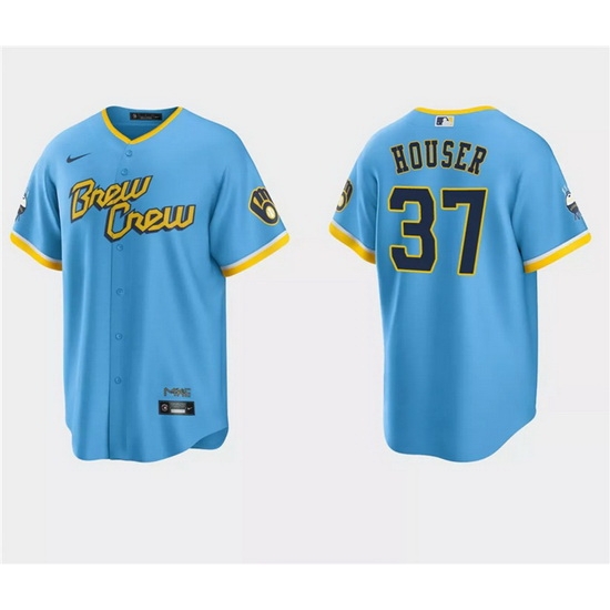 Men Milwaukee Brewers 37 Adrian Houser Powder Blue City Connect Cool Base Stitched Jersey Men Milwaukee Brewers 37 Adrian Houser Powder Blue City Connect Cool Base Stitched Jersey