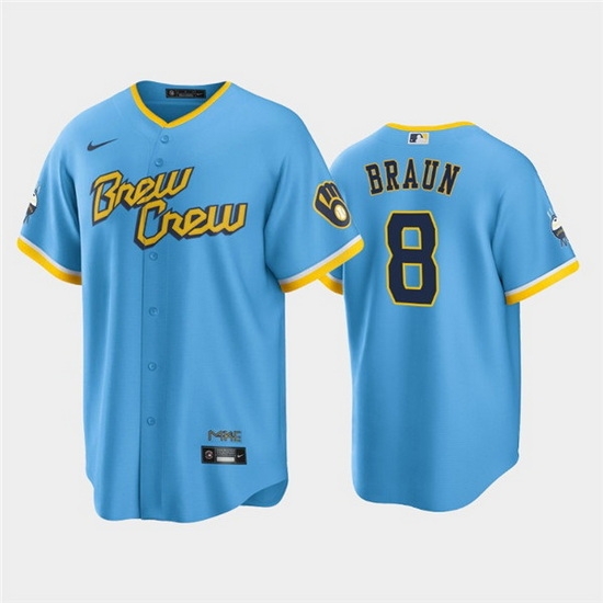 Men Milwaukee Brewers 8 Ryan Braun 2022 Powder Blue City Connect Cool Base Stitched Jersey Men Milwaukee Brewers 8 Ryan Braun 2022 Powder Blue City Connect Cool Base Stitched Jersey