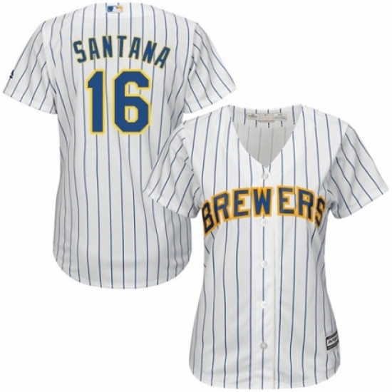 Womens Majestic Milwaukee Brewers 16 Domingo Santana Authentic White Home Cool Base MLB Jersey Womens Majestic Milwaukee Brewers 16 Domingo Santana Authentic White Home Cool Base MLB Jersey