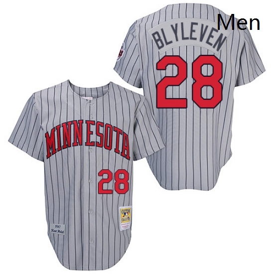 Mens Mitchell and Ness 1987 Minnesota Twins 28 Bert Blyleven Replica Grey Throwback MLB Jersey Mens Mitchell and Ness 1987 Minnesota Twins 28 Bert Blyleven Replica Grey Throwback MLB Jersey