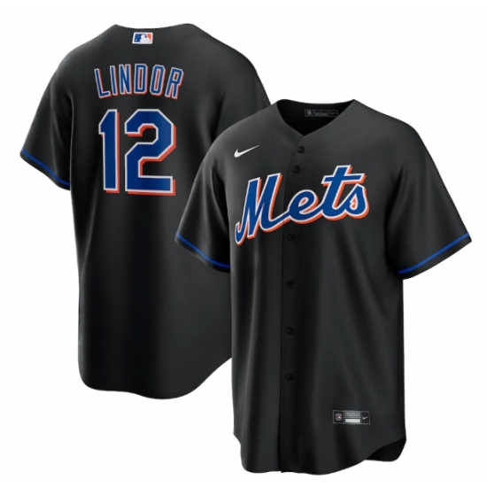 Men New York Mets 12 Francisco Lindor 2022 Black Cool Base Stitched Baseball Jersey Men New York Mets 12 Francisco Lindor 2022 Black Cool Base Stitched Baseball Jersey