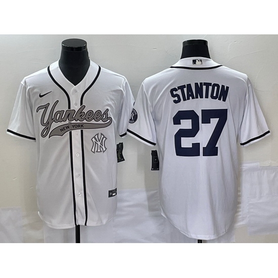 Men New York Yankees 27 Giancarlo Stanton White With Patch Cool Base Stitched Baseball Jersey Men New York Yankees 27 Giancarlo Stanton White With Patch Cool Base Stitched Baseball Jersey