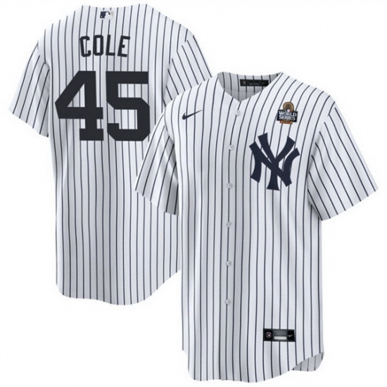Men New York Yankees 45 Gerrit Cole White 2024 World Series With Name Cool Base Stitched Baseball Jersey Men New York Yankees 45 Gerrit Cole White 2024 World Series With Name Cool Base Stitched Baseball Jersey