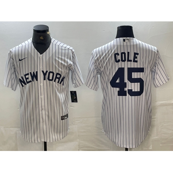 Men New York Yankees 45 Gerrit Cole White Cool Base Stitched Baseball Jersey Men New York Yankees 45 Gerrit Cole White Cool Base Stitched Baseball Jersey