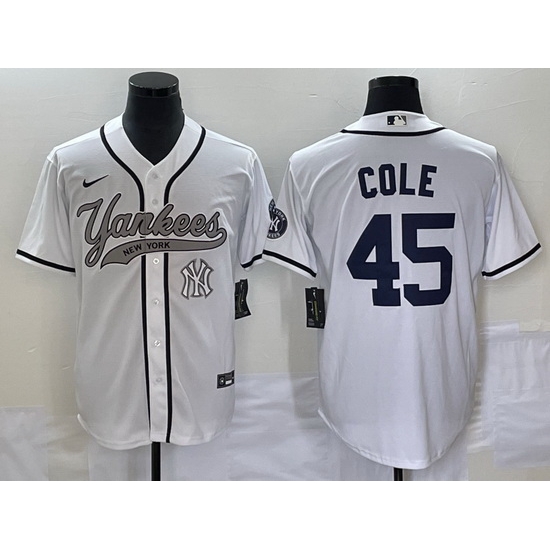 Men New York Yankees 45 Gerrit Cole White With Patch Cool Base Stitched Baseball Jersey Men New York Yankees 45 Gerrit Cole White With Patch Cool Base Stitched Baseball Jersey