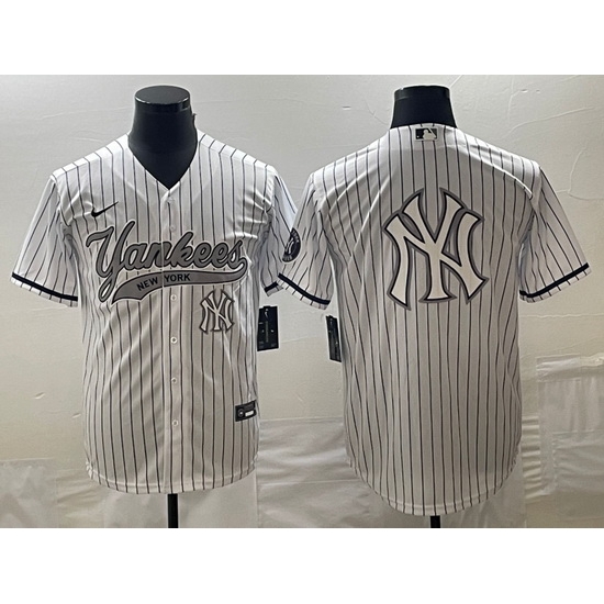 Men's New York Yankees Big Logo White Pinstripe Cool Base Stitched Baseball Jersey Men's New York Yankees Big Logo White Pinstripe Cool Base Stitched Baseball Jersey