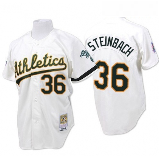 Mens Mitchell and Ness Oakland Athletics 36 Terry Steinbach Authentic White Throwback MLB Jersey Mens Mitchell and Ness Oakland Athletics 36 Terry Steinbach Authentic White Throwback MLB Jersey