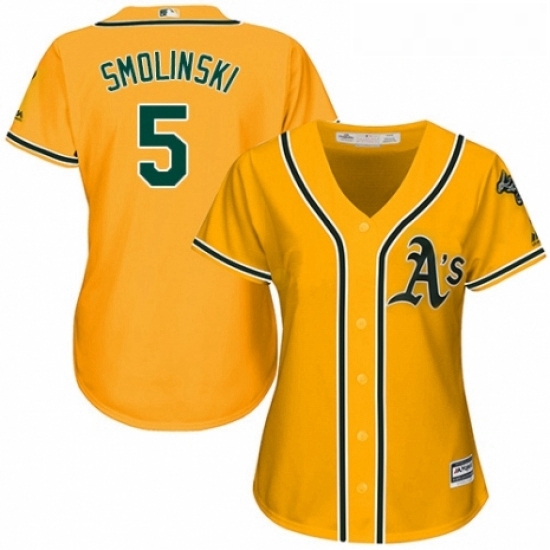 Womens Majestic Oakland Athletics 5 Jake Smolinski Replica Gold Alternate 2 Cool Base MLB Jersey Womens Majestic Oakland Athletics 5 Jake Smolinski Replica Gold Alternate 2 Cool Base MLB Jersey