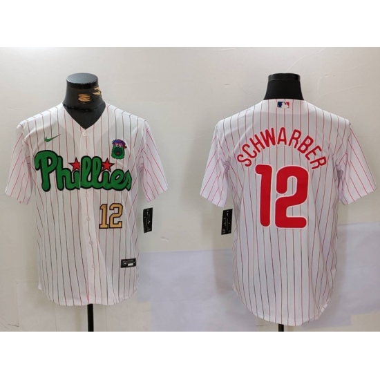 Men Philadelphia Phillies 12 Kyle Schwarber White Green Cool Base Stitched Jersey 1 Men Philadelphia Phillies 12 Kyle Schwarber White Green Cool Base Stitched Jersey 1