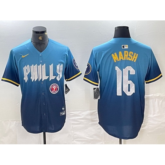 Men Philadelphia Phillies 16 Brandon Marsh Blue 2024 City Connect Limited Stitched Jersey 3 Men Philadelphia Phillies 16 Brandon Marsh Blue 2024 City Connect Limited Stitched Jersey 3