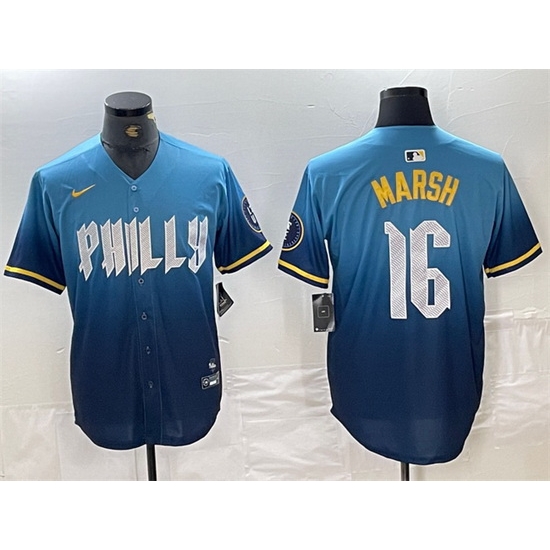 Men Philadelphia Phillies 16 Brandon Marsh Blue 2024 City Connect Limited Stitched Jersey Men Philadelphia Phillies 16 Brandon Marsh Blue 2024 City Connect Limited Stitched Jersey