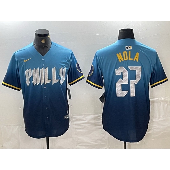 Men Philadelphia Phillies 27 Aaron Nola Blue 2024 City Connect Limited Stitched Baseball Jersey 2 Men Philadelphia Phillies 27 Aaron Nola Blue 2024 City Connect Limited Stitched Baseball Jersey 2