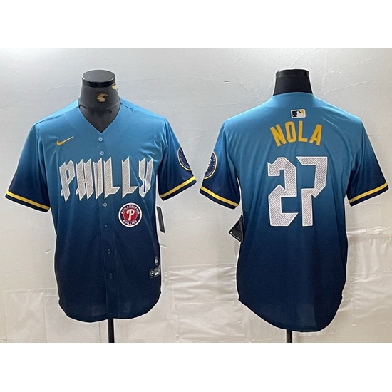 Men Philadelphia Phillies 27 Aaron Nola Blue 2024 City Connect Limited Stitched Baseball Jersey 3 Men Philadelphia Phillies 27 Aaron Nola Blue 2024 City Connect Limited Stitched Baseball Jersey 3