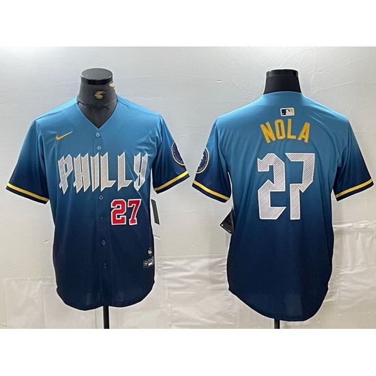 Men Philadelphia Phillies 27 Aaron Nola Blue 2024 City Connect Limited Stitched Baseball Jersey Men Philadelphia Phillies 27 Aaron Nola Blue 2024 City Connect Limited Stitched Baseball Jersey