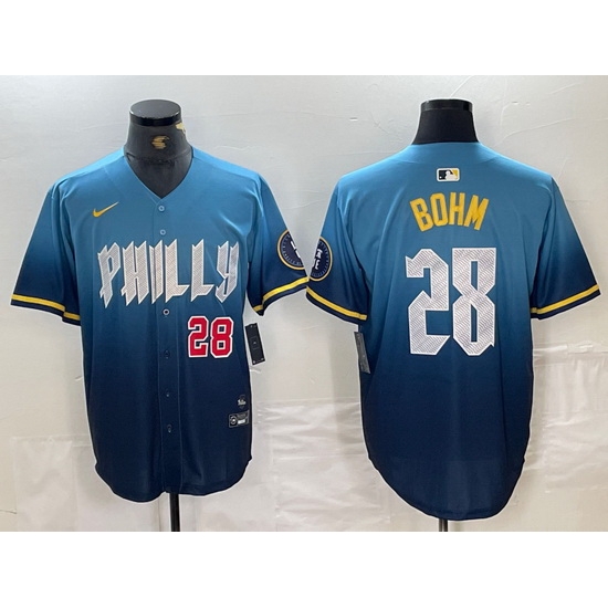 Men Philadelphia Phillies 28 Alec Bohm Blue 2024 City Connect Limited Stitched Baseball Jersey 4 Men Philadelphia Phillies 28 Alec Bohm Blue 2024 City Connect Limited Stitched Baseball Jersey 4