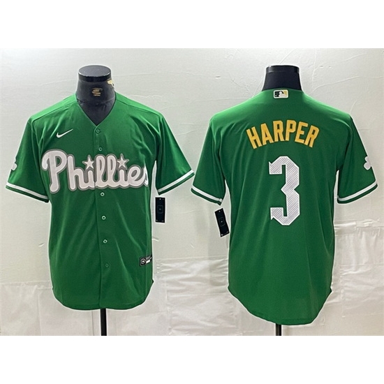 Men Philadelphia Phillies 3 Bryce Harper Green 2024 City Connect Stitched Jersey Men Philadelphia Phillies 3 Bryce Harper Green 2024 City Connect Stitched Jersey