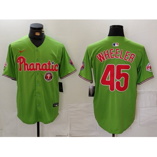 Men Philadelphia Phillies 45 Zack Wheeler Green With Patch Stitched Jersey 2 Men Philadelphia Phillies 45 Zack Wheeler Green With Patch Stitched Jersey 2