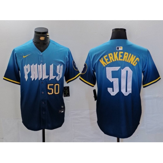 Men Philadelphia Phillies 50 Orion Kerkering Blue 2024 City Connect Limited Stitched Jersey 2 Men Philadelphia Phillies 50 Orion Kerkering Blue 2024 City Connect Limited Stitched Jersey 2