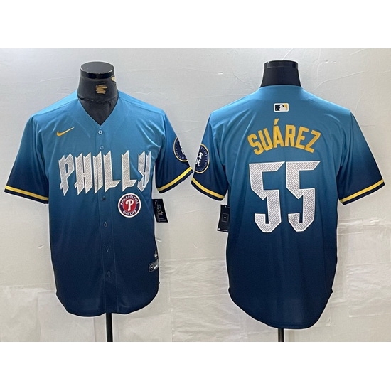 Men Philadelphia Phillies 55 Ranger Suarez Blue 2024 City Connect Limited Stitched Jersey 2 Men Philadelphia Phillies 55 Ranger Suarez Blue 2024 City Connect Limited Stitched Jersey 2