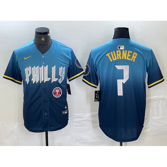 Men Philadelphia Phillies 7 Trea Turner Blue 2024 City Connect Limited Stitched Jersey 2 Men Philadelphia Phillies 7 Trea Turner Blue 2024 City Connect Limited Stitched Jersey 2